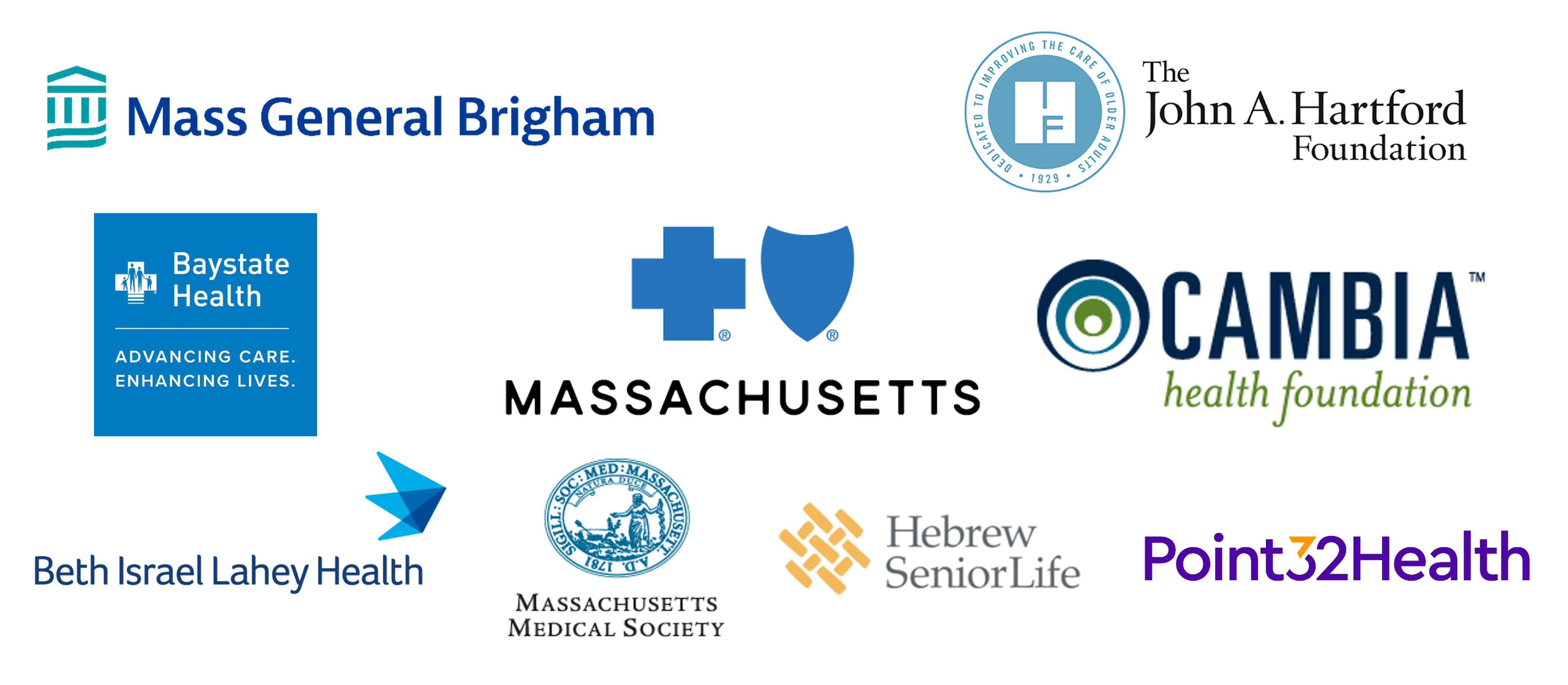 Sponsor logos for MassGeneral Brigham, The John A. Hartford Foundation, Baystate Health, Blue Cross Blue Shield of Massachusetts, Cambia Health Foundation, Beth Israel Lahey Health, Massachusetts Medical Society, Hebrew SeniorLife, and Point32Health